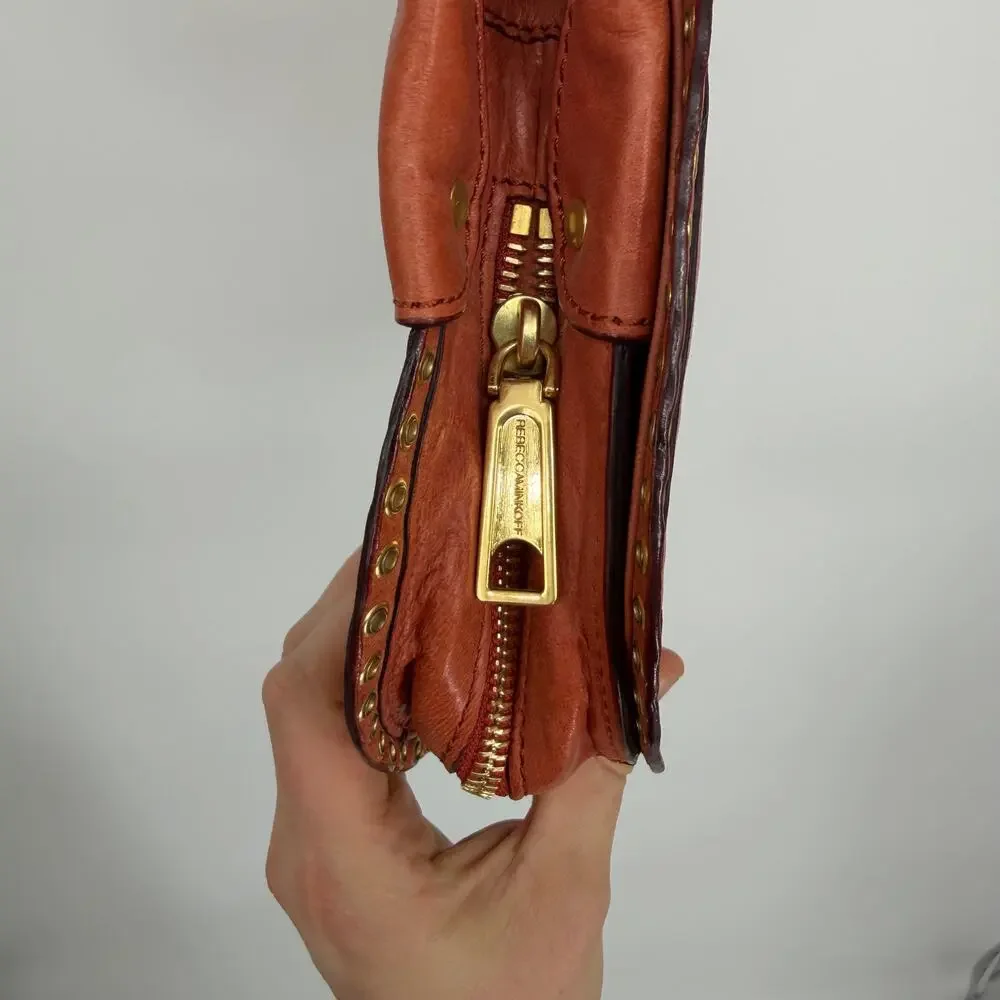 VTG Burnt Orange Leather Studded Crossbody Bag Boho Saddle Purse Rebecca Minkoff